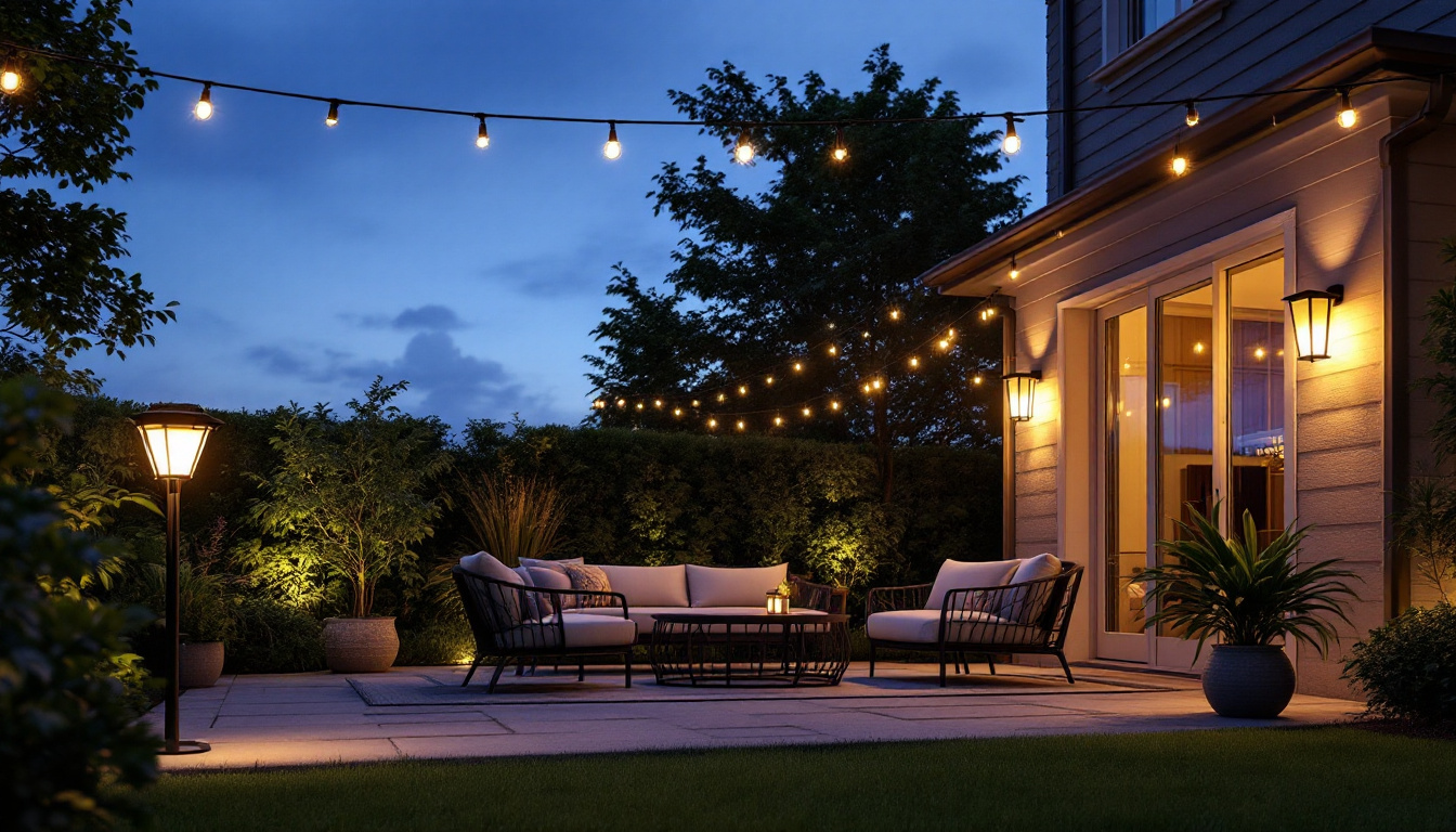 A photograph of a beautifully illuminated outdoor patio scene at dusk