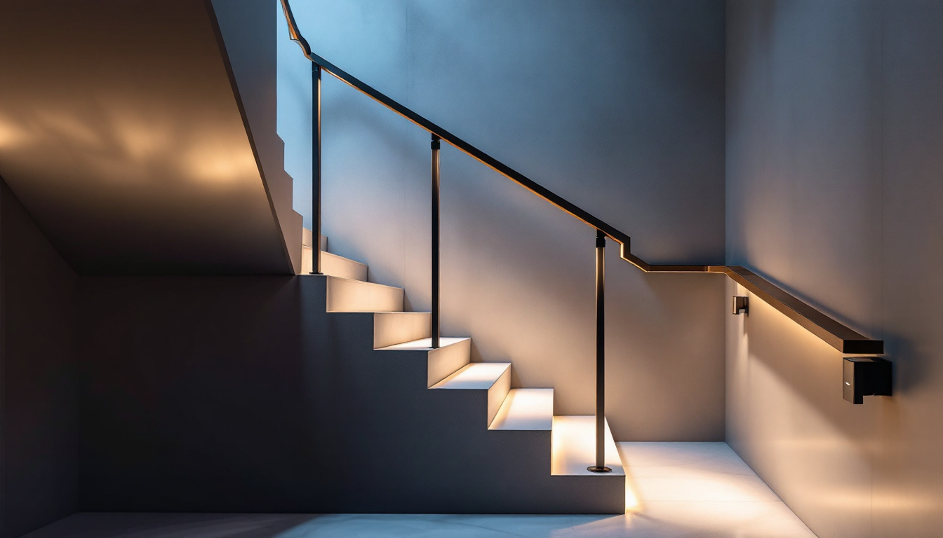 A photograph of a well-designed interior staircase illuminated by stylish stair lights