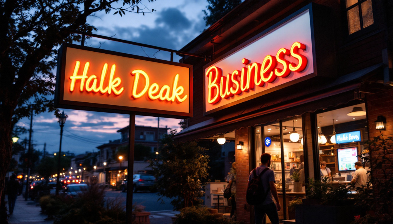 A photograph of a well-lit outdoor business sign at dusk