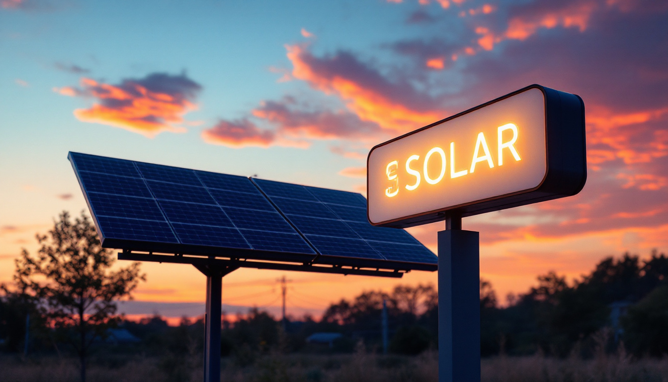 A photograph of capture a photograph of a well-lit solar signage installation at dusk
