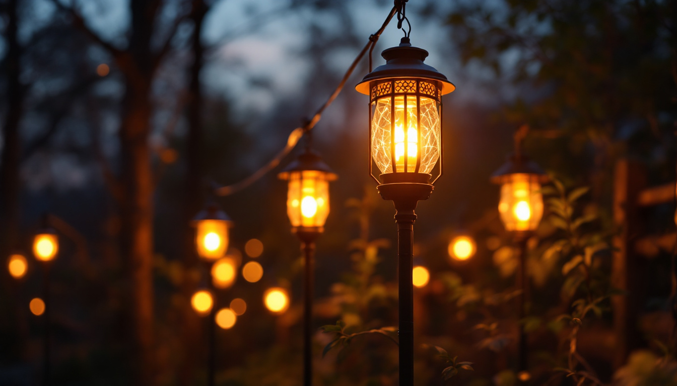 A photograph of a beautifully illuminated outdoor scene featuring solar-powered lantern lights in use at dusk