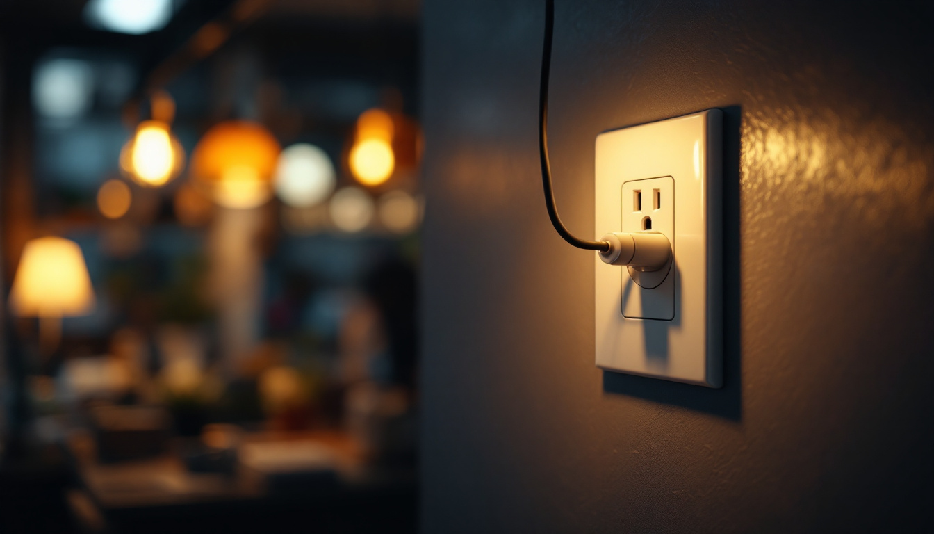 A photograph of a close-up shot of a male wall outlet integrated into a modern lighting fixture