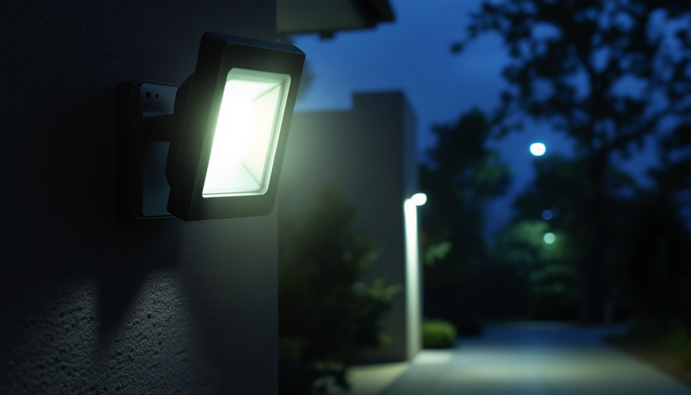 A photograph of a high-quality led security flood light illuminating a dark outdoor area
