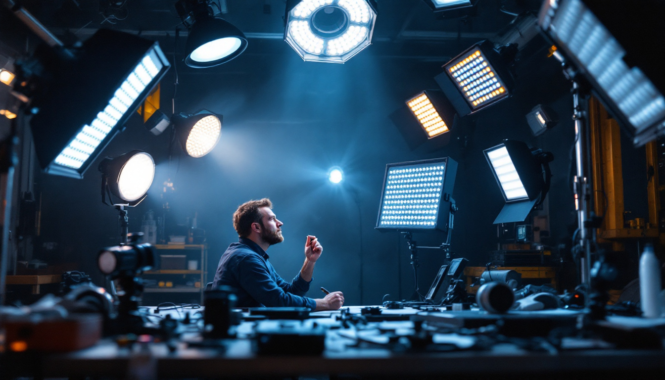 A photograph of a lighting engineer at work