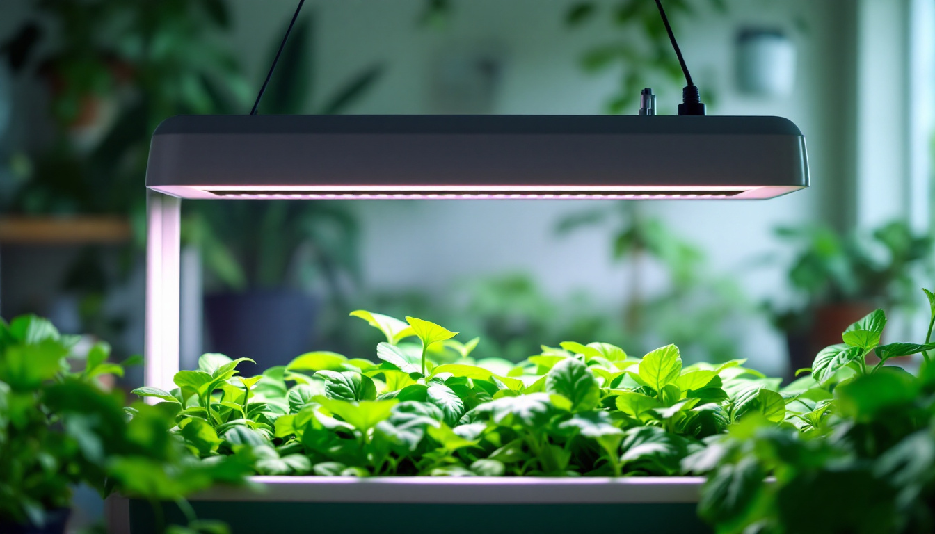 A photograph of a hydroponic setup featuring a vibrant array of plants under a hydroponic lamp