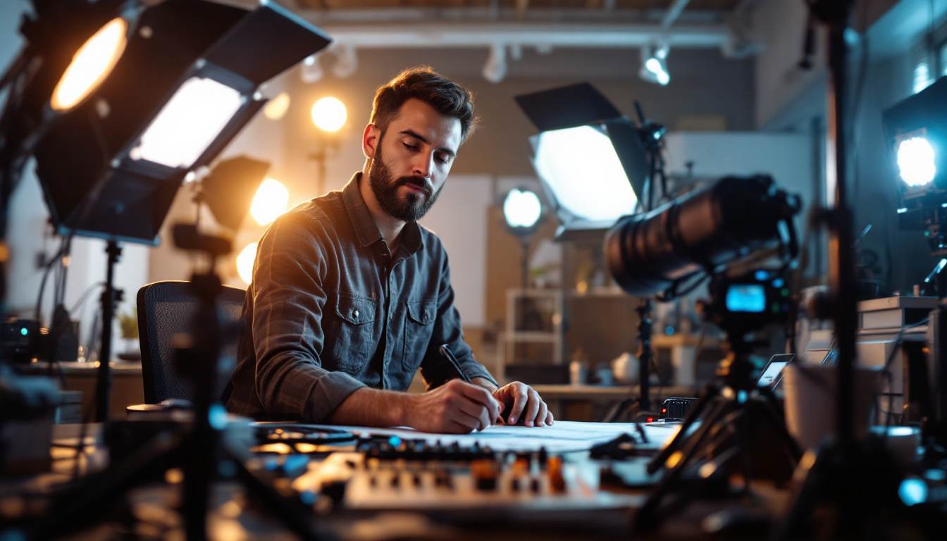 A photograph of a lighting engineer at work