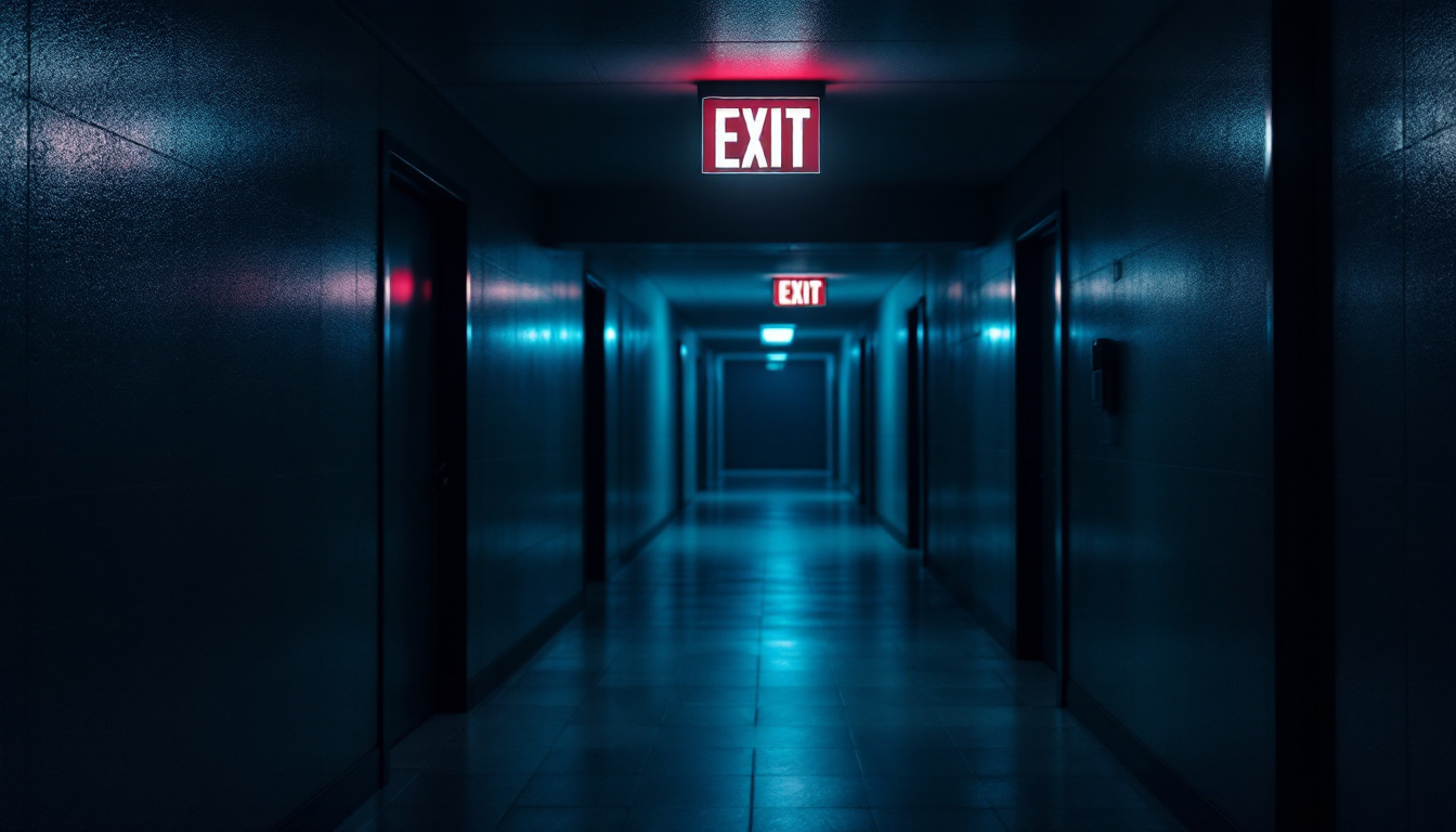A photograph of a dimly lit corridor featuring illuminated exit signs with battery backup