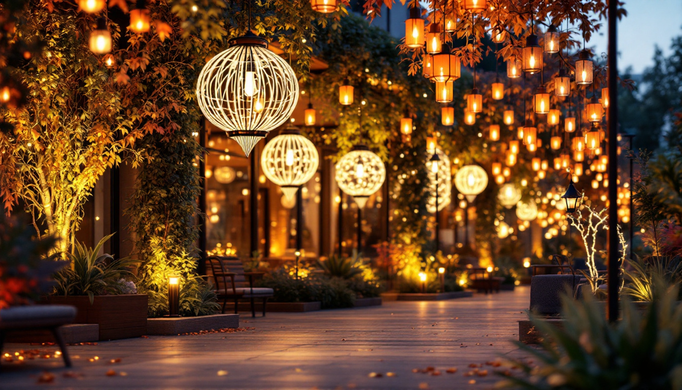 A photograph of a beautifully illuminated outdoor space showcasing various light lamp designs in action