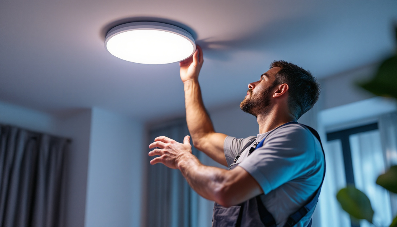 A photograph of a skilled electrical engineer installing a recessed light kit in a modern home setting