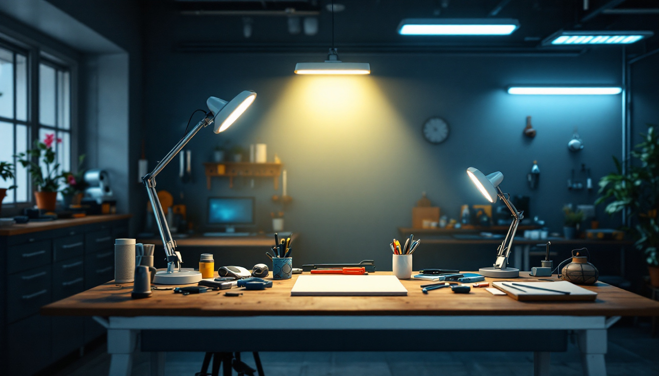 A photograph of a modern workspace or garage illuminated by various styles of top-rated led shop lights