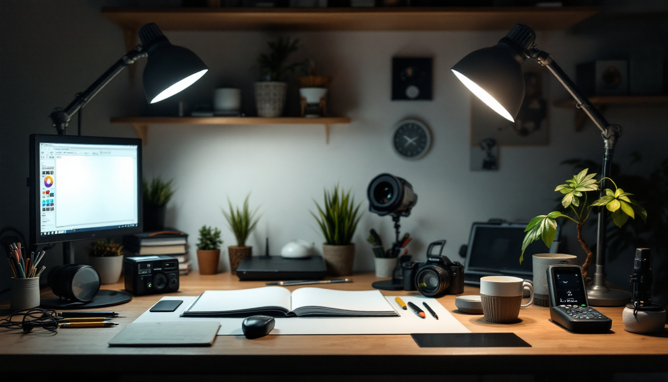 A photograph of a well-lit workspace showcasing various lighting setups