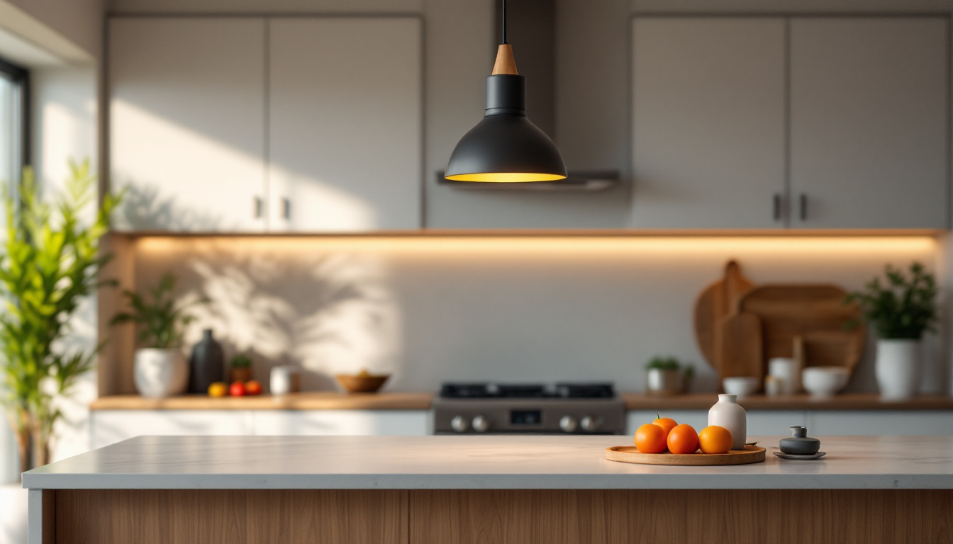 A photograph of a beautifully designed pendant light hanging over a modern kitchen island
