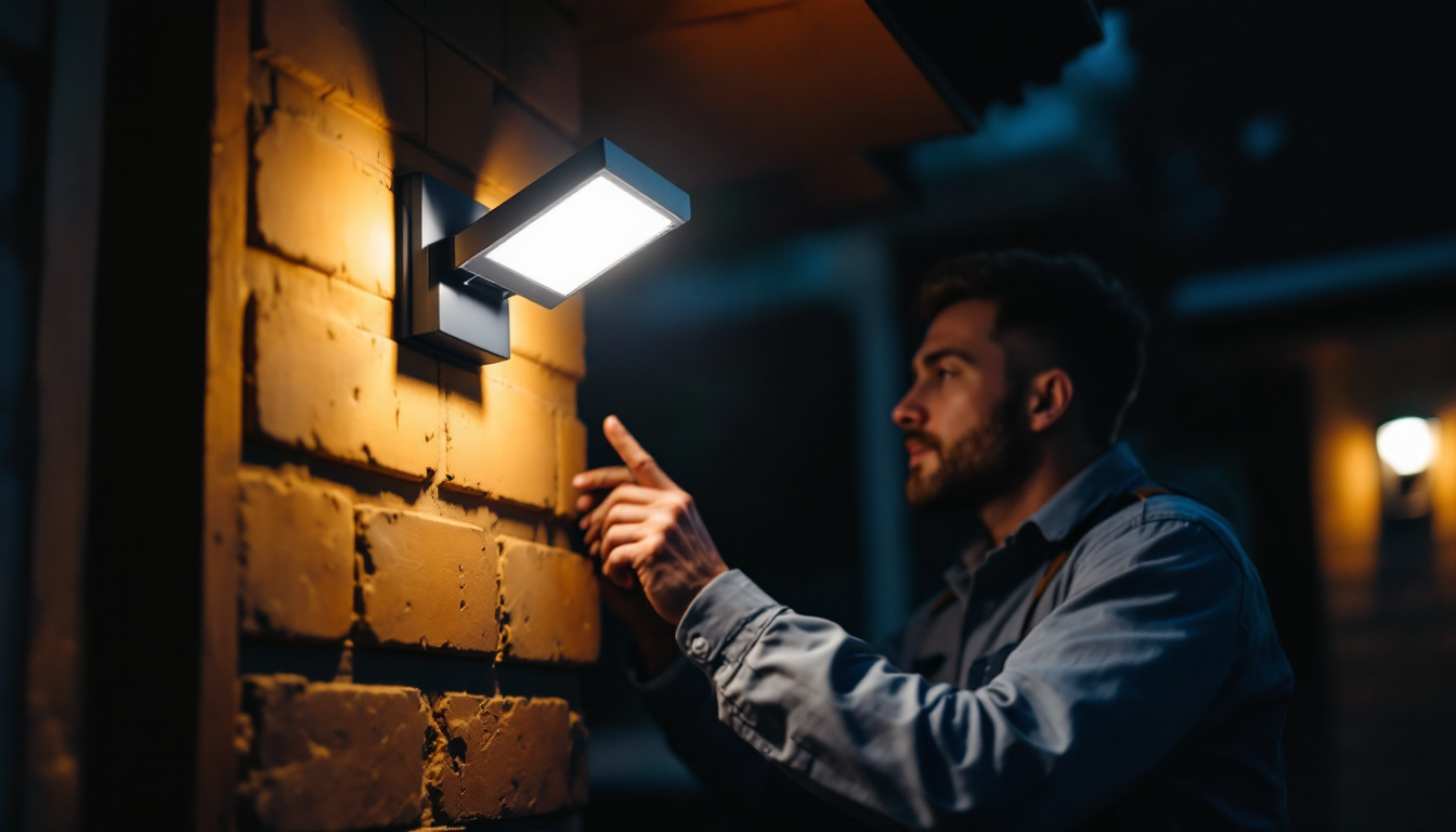 A photograph of a solar power security light illuminating a dark outdoor space