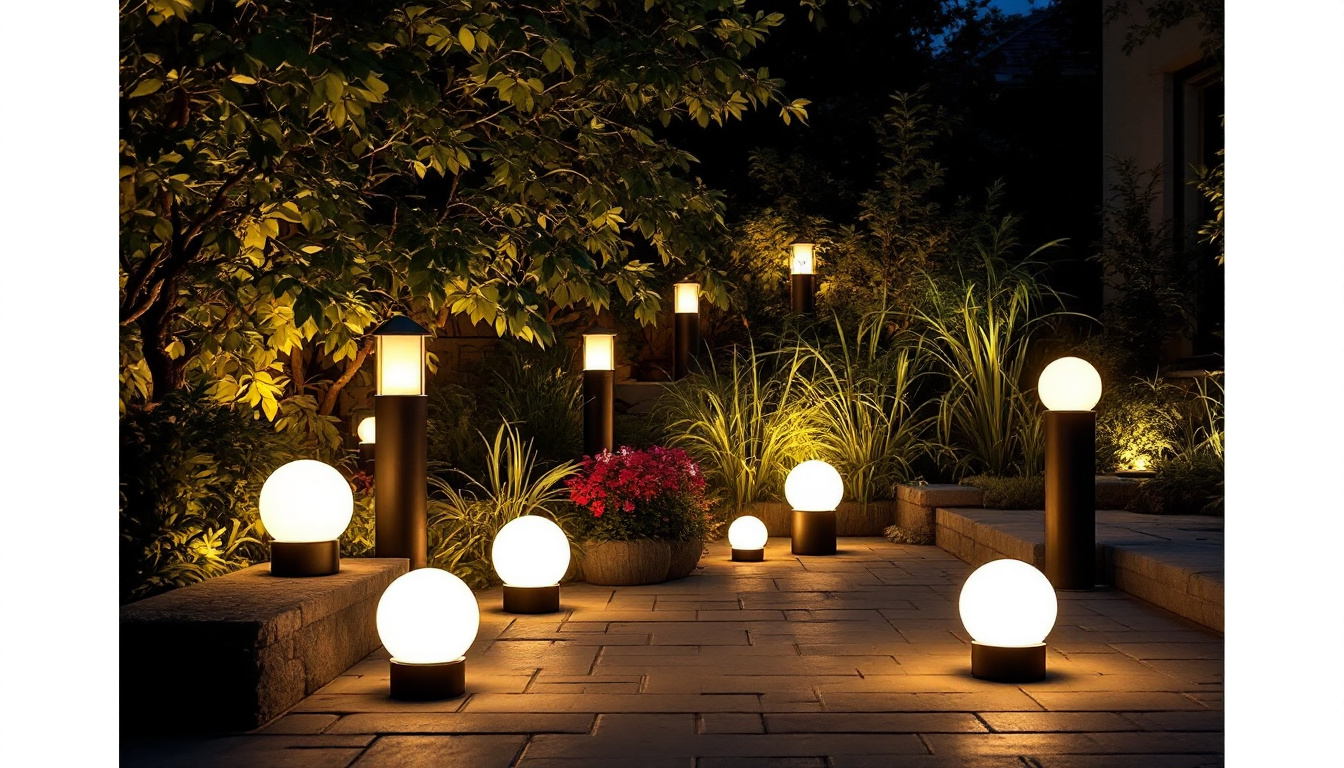 A photograph of a beautifully illuminated outdoor space featuring various stylish light covers on fixtures