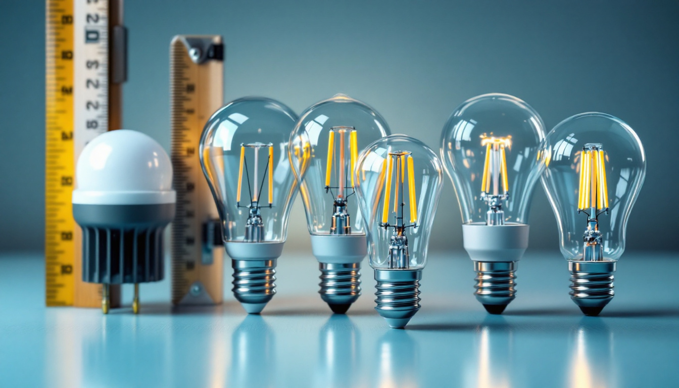 A photograph of a close-up shot of various led light bulbs arranged next to a ruler or measuring tape