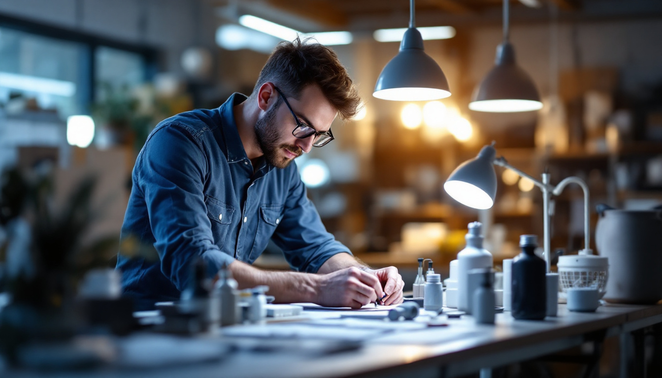 A photograph of a skilled engineer examining various led lighting products in a well-lit workspace