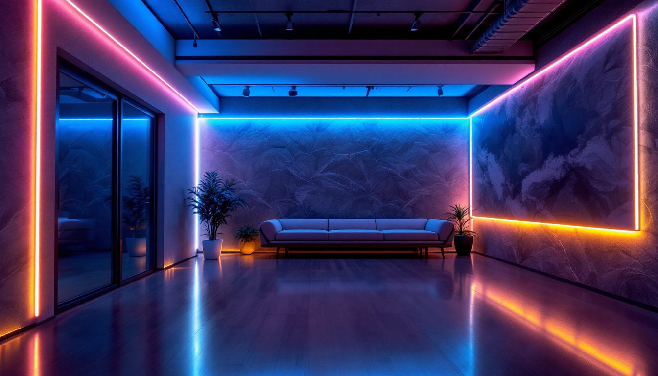 A photograph of a beautifully lit room featuring various led strip tracks installed along walls and ceilings