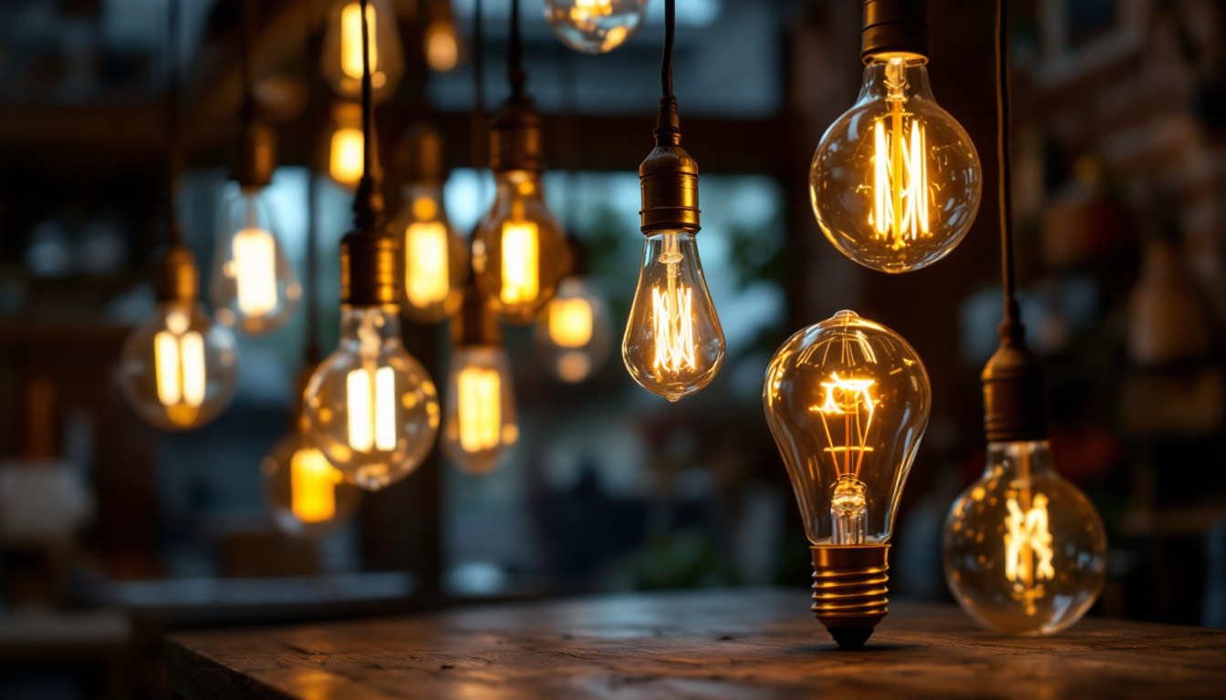 A photograph of a beautifully arranged display of retro vintage light bulbs