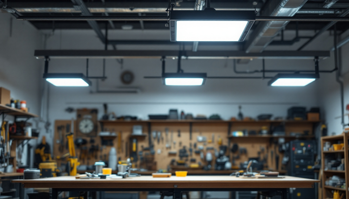 A photograph of a well-lit workshop or garage featuring flush mount led shop lights installed on the ceiling