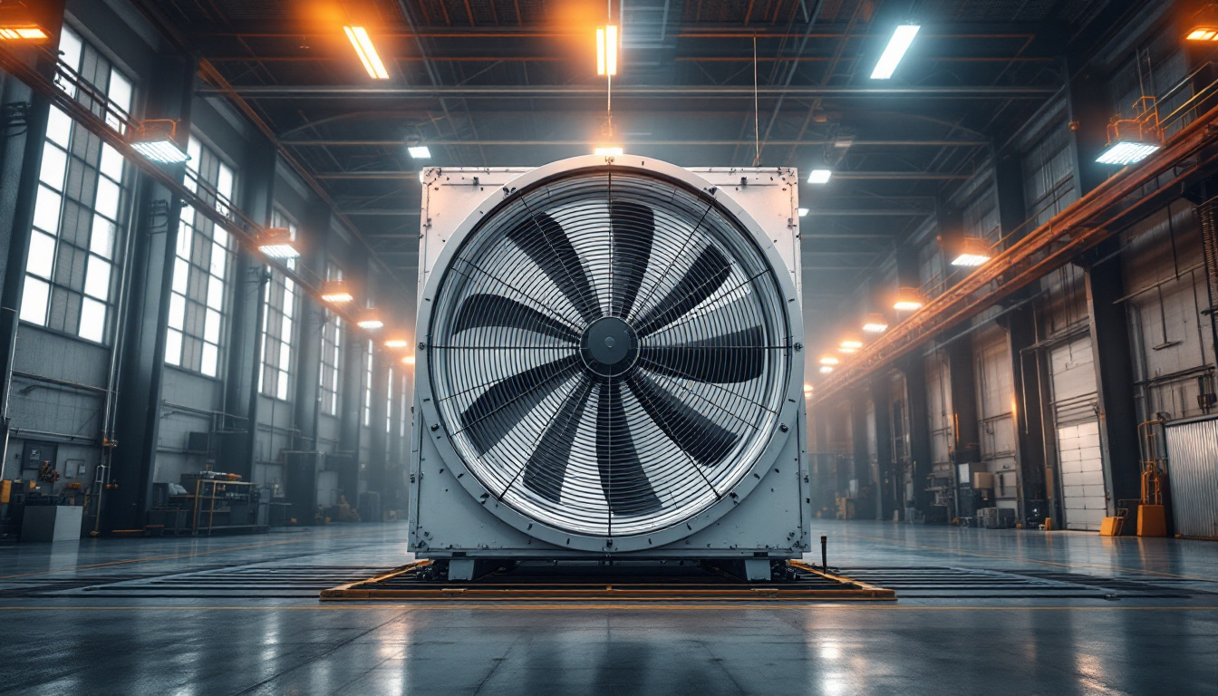 A photograph of a large industrial fan in an expansive warehouse setting