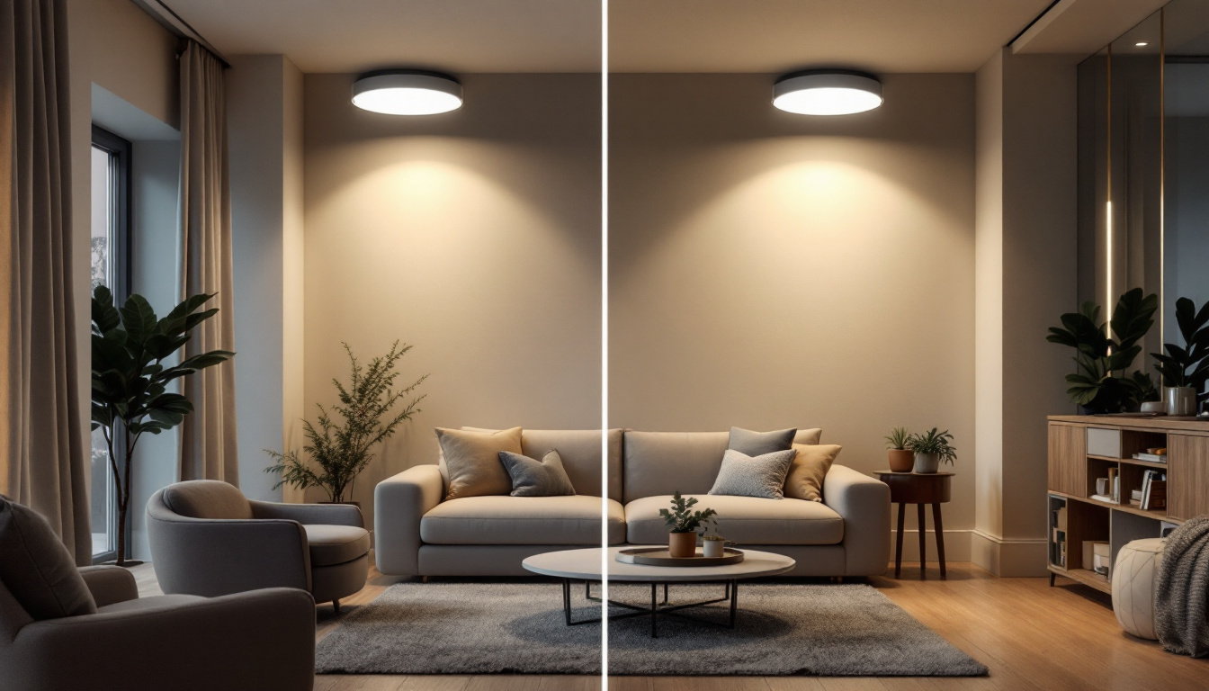 A photograph of a side-by-side comparison of 4-inch and 6-inch can lights installed in a stylish interior setting
