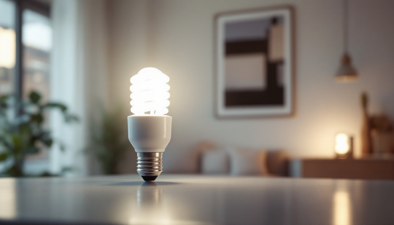 A photograph of a 13w compact fluorescent bulb illuminating a modern living space