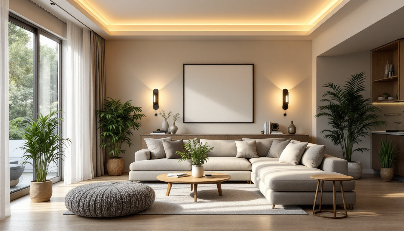 A photograph of a well-designed apartment interior showcasing a harmonious blend of natural and artificial lighting