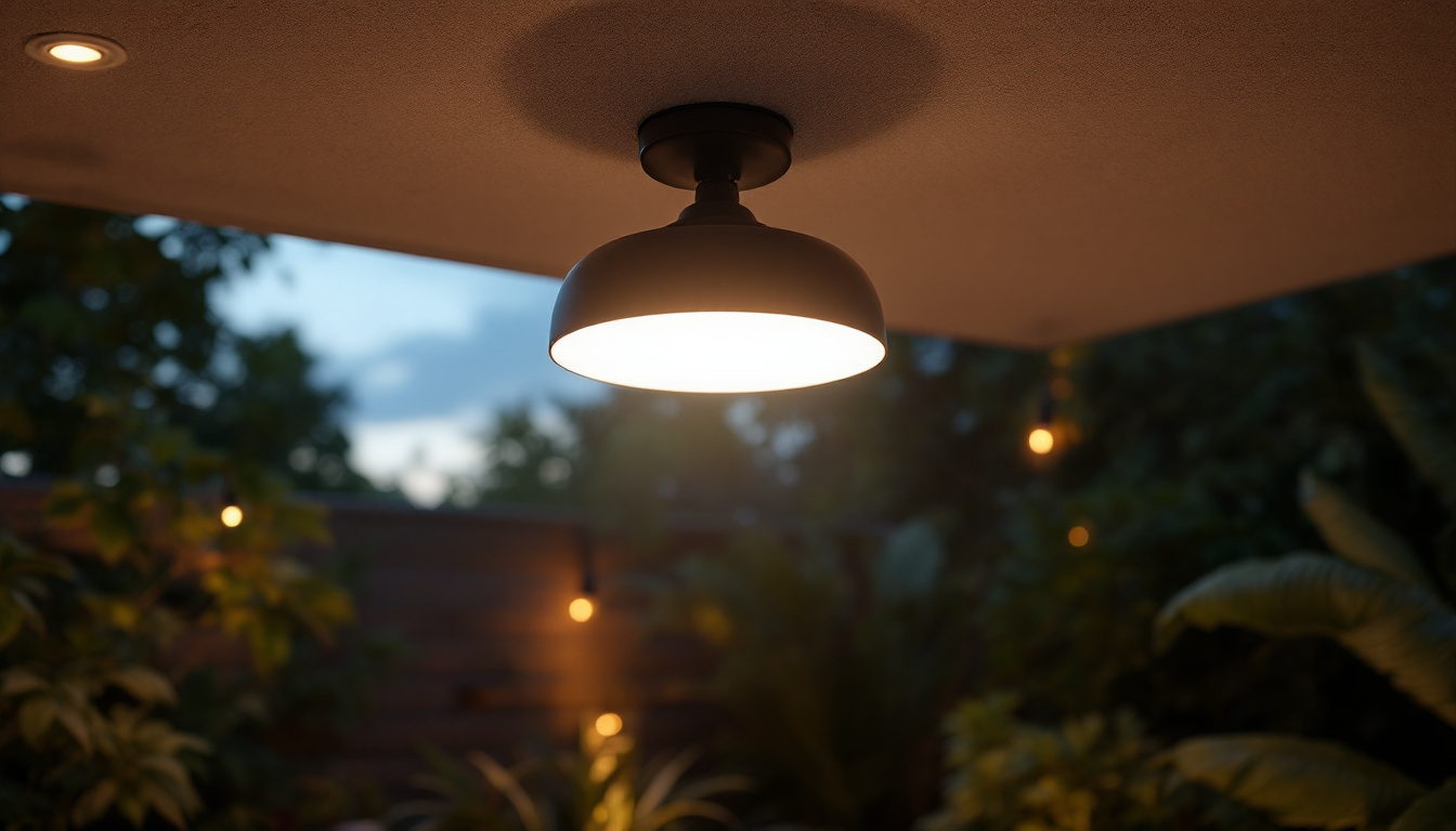 A photograph of a well-designed outdoor ceiling led light fixture installed in a stylish patio or garden setting