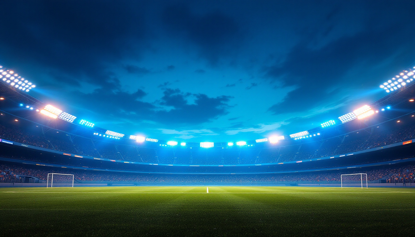 A photograph of a dynamic sports venue at dusk