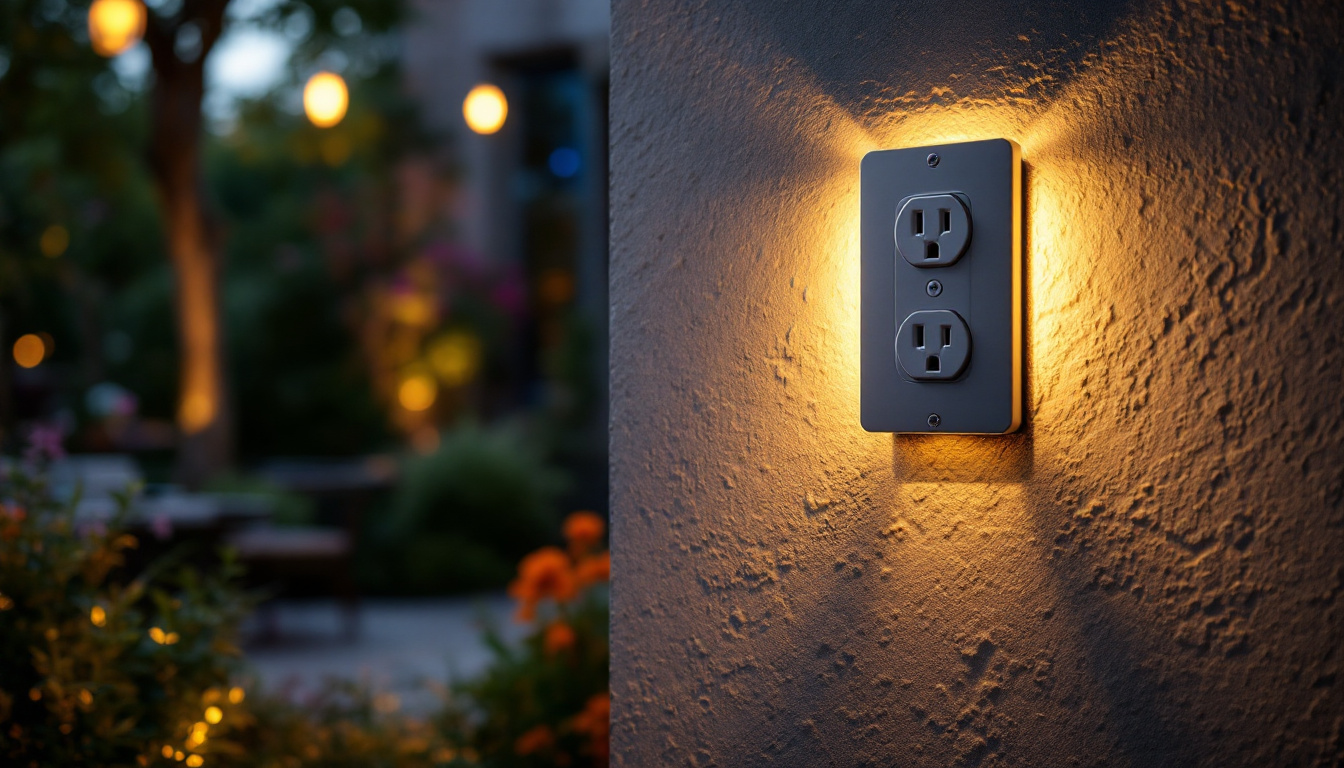 A photograph of a beautifully designed outdoor power outlet post integrated into a well-lit garden or patio setting