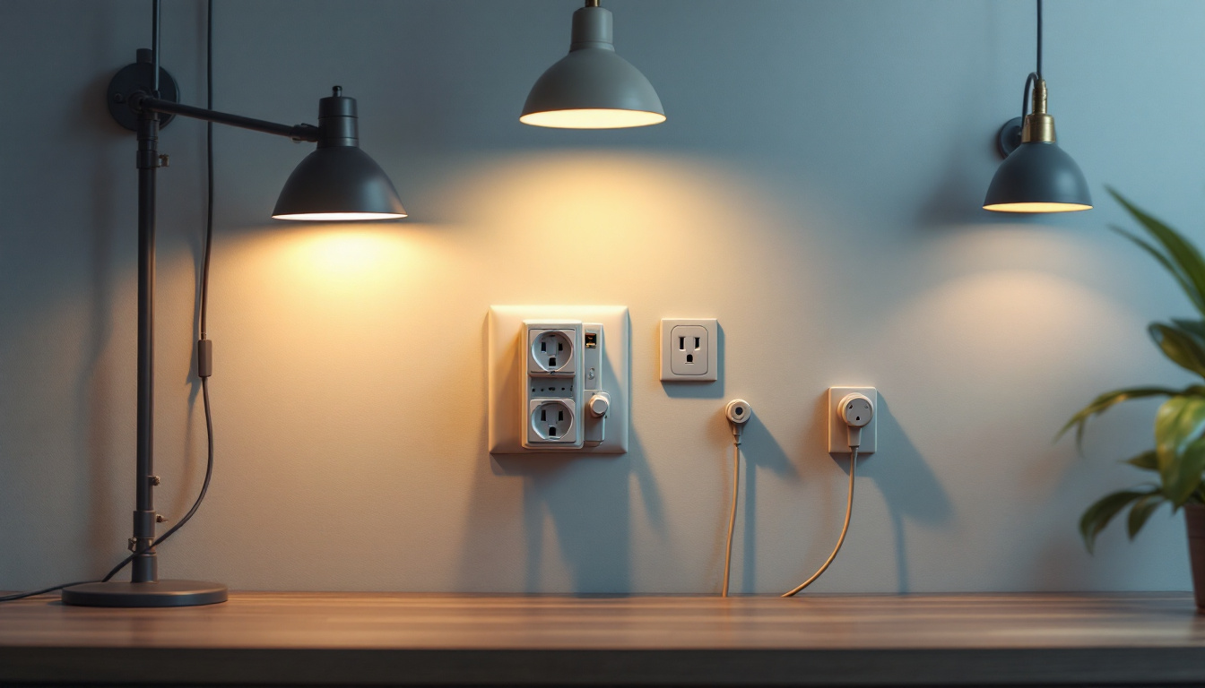 A photograph of a well-lit room showcasing various types of electrical outlets integrated into a stylish lighting system
