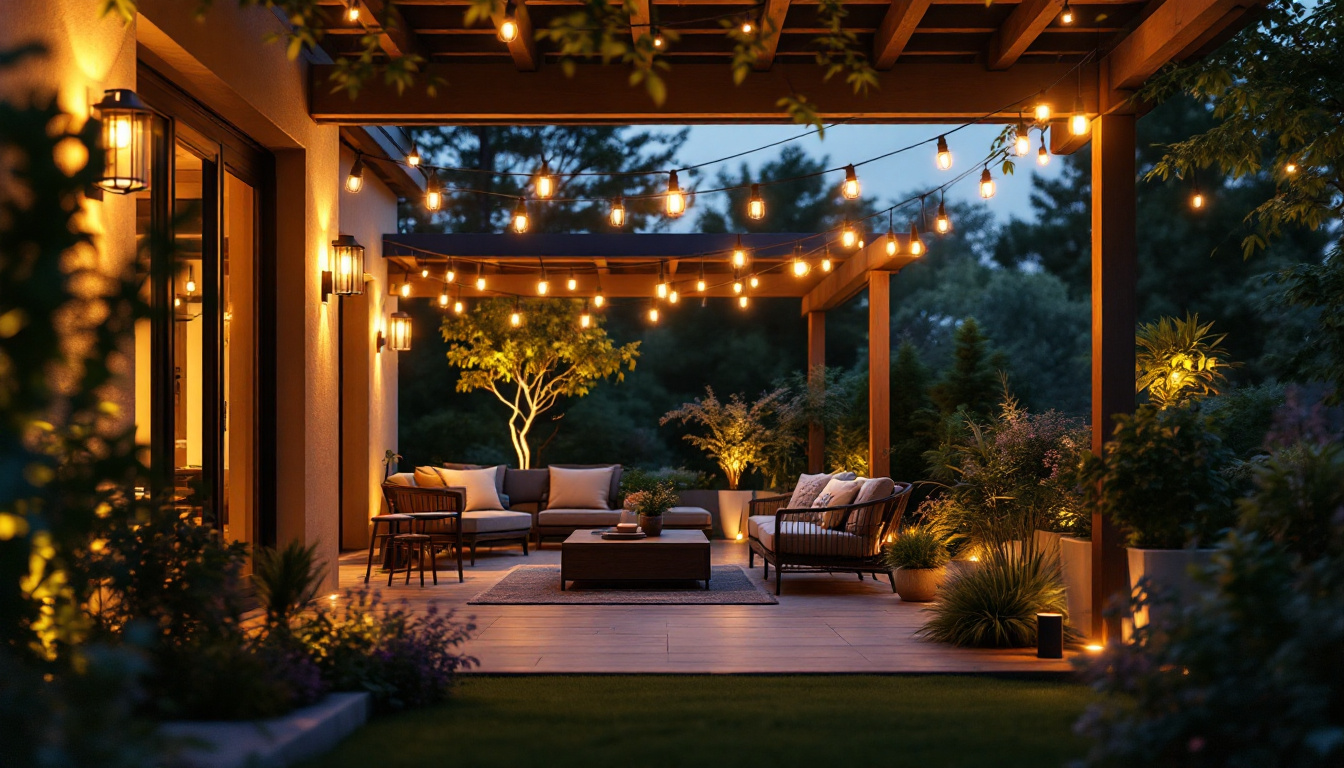 A photograph of a beautifully designed outdoor lighting setup in a garden or patio