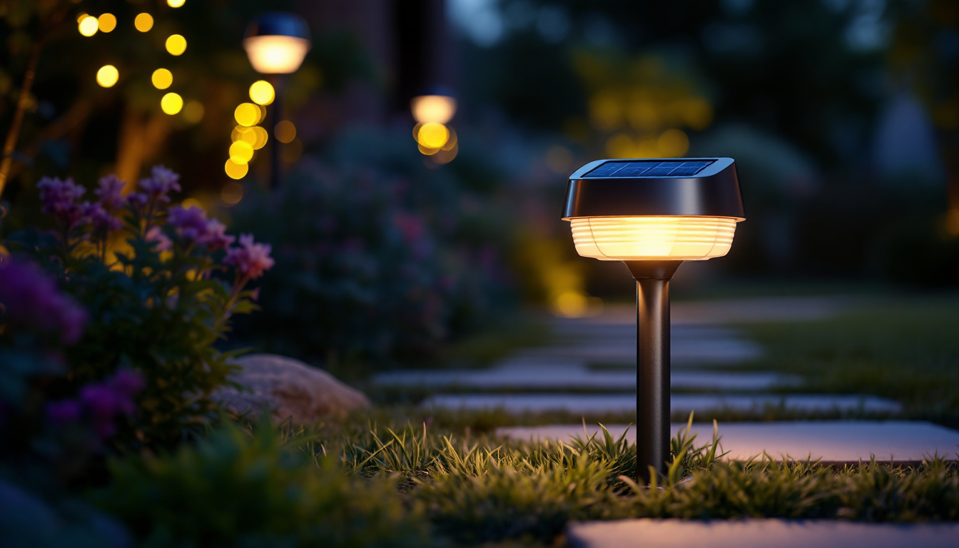 A photograph of a well-lit outdoor setting showcasing a stylish led solar mini light illuminating a garden or pathway at dusk