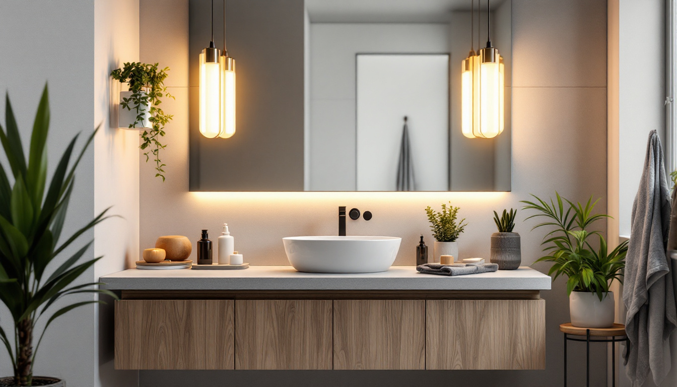 A photograph of a modern bathroom vanity featuring stylish