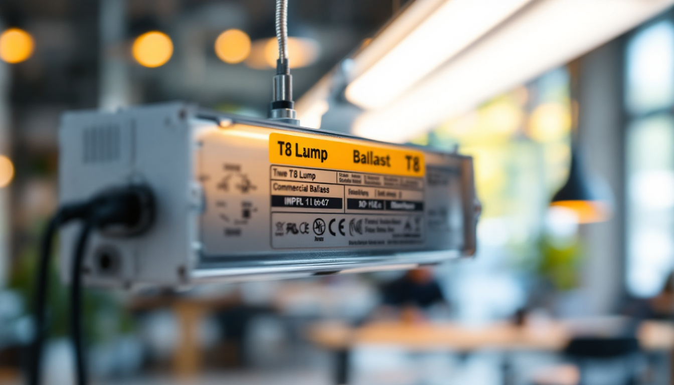 A photograph of a close-up of a t8 two lamp ballast installed in a commercial lighting fixture