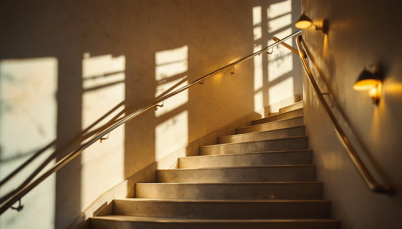 A photograph of a well-lit stairwell showcasing the interplay of natural and artificial lighting