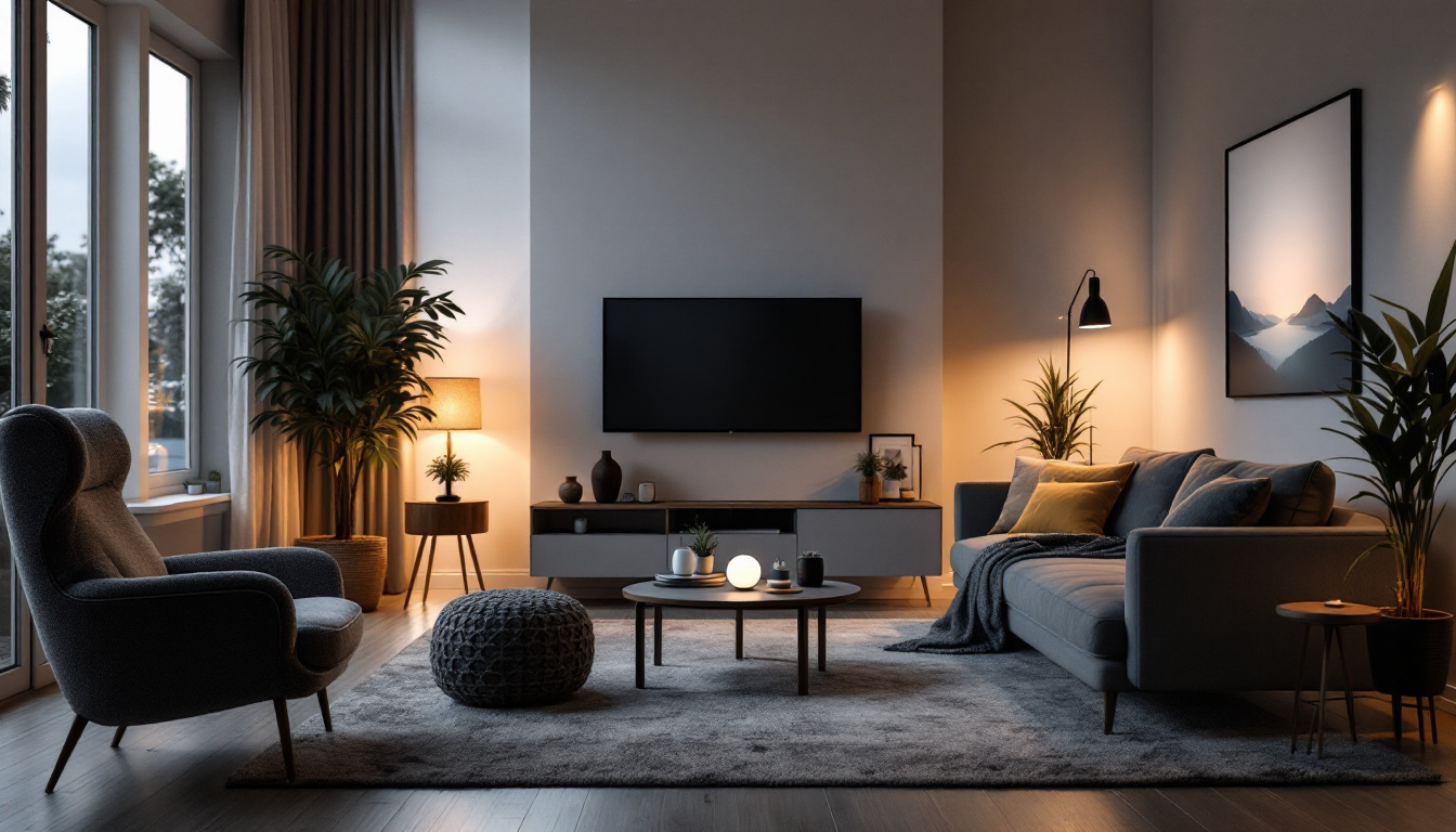 A photograph of a modern living room featuring smart lighting technology in action