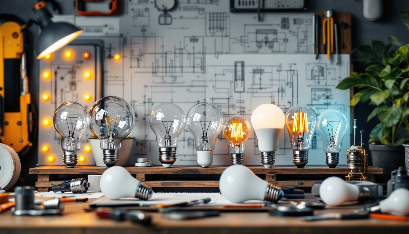A photograph of an aesthetically arranged display of various lightbulbs