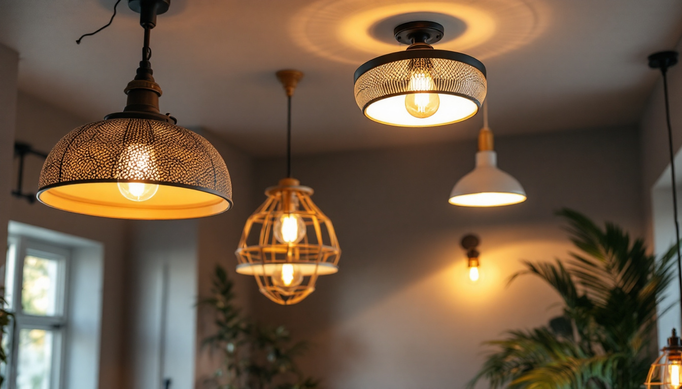 A photograph of a beautifully designed interior space featuring a variety of ceiling light fixtures