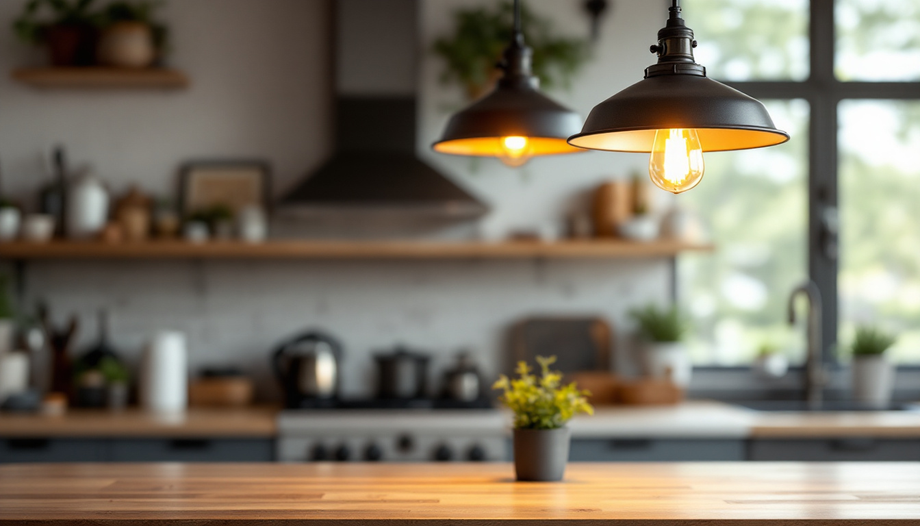 A photograph of a stylish industrial lamp hanging over a modern kitchen island