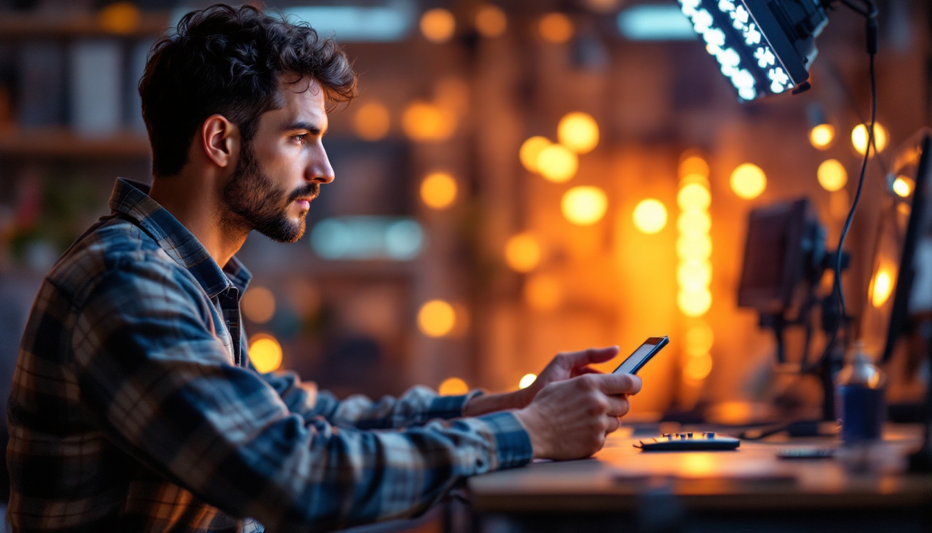 A photograph of a skilled electrical engineer examining a sophisticated led lighting setup in a modern workspace