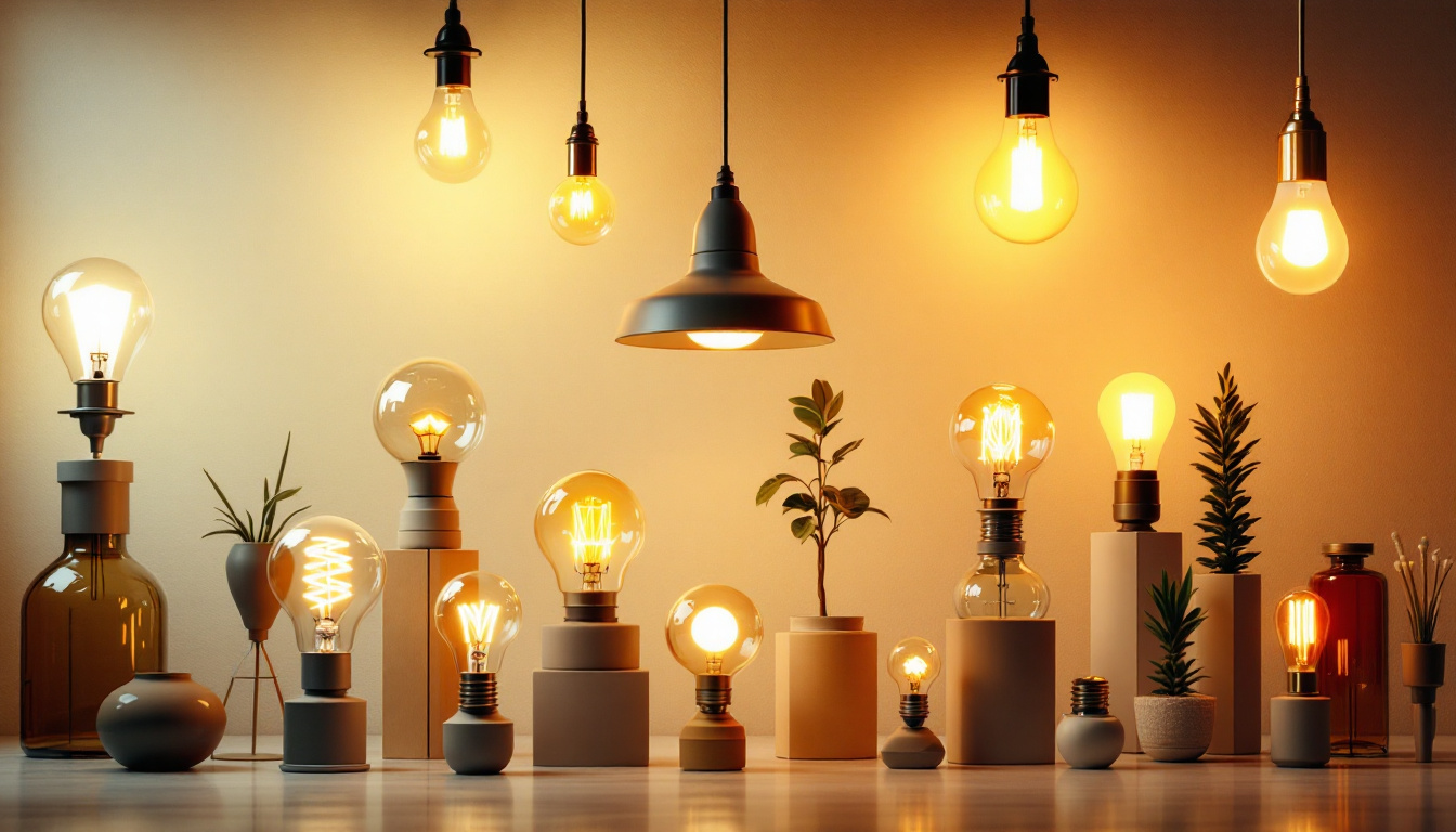 A photograph of a variety of satco lamps displayed in an aesthetically pleasing arrangement