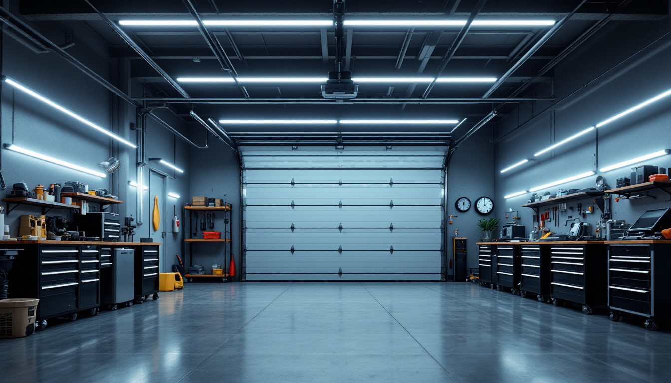 A photograph of a well-lit garage featuring sleek led strip lights installed along the walls and ceiling