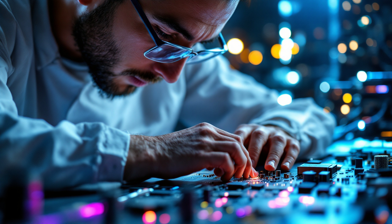 A photograph of a focused electrical engineer working on a complex circuit board