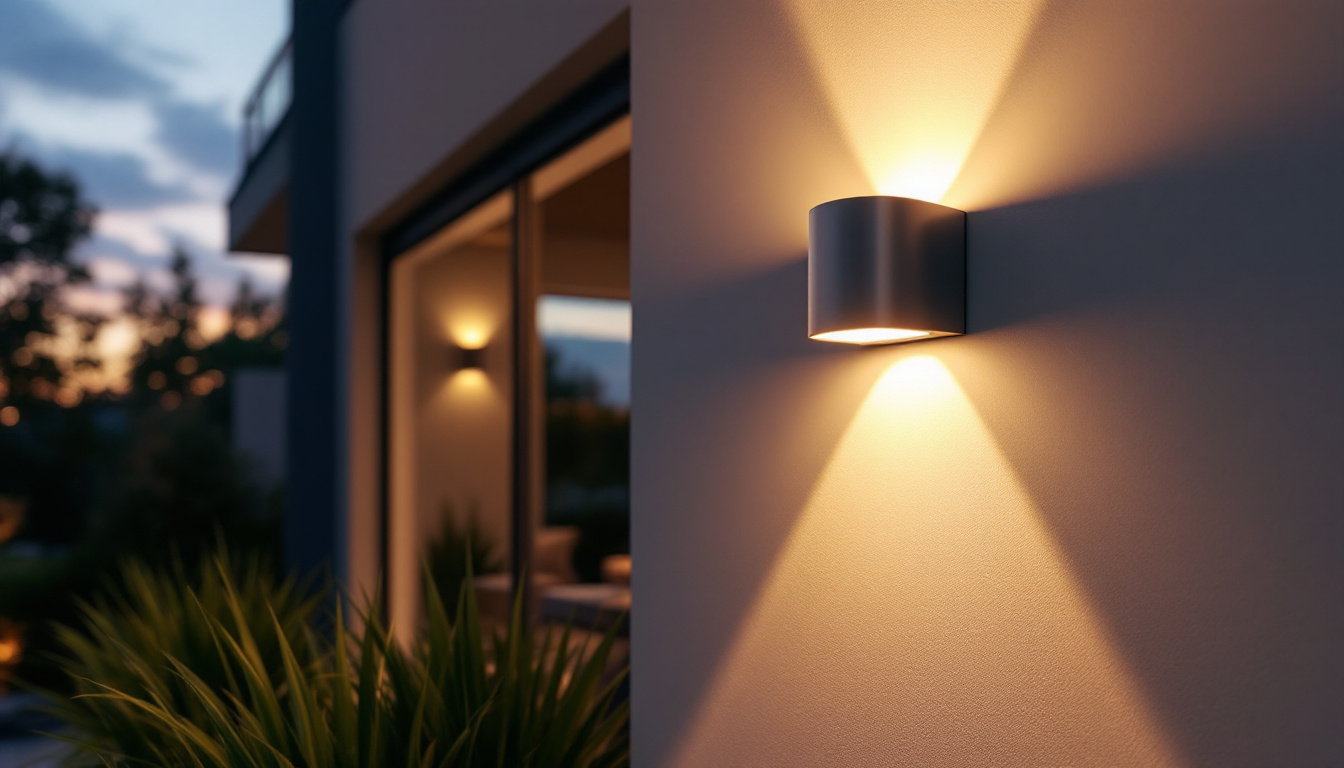 A photograph of a beautifully designed outdoor led wall sconce illuminating a stylish exterior space