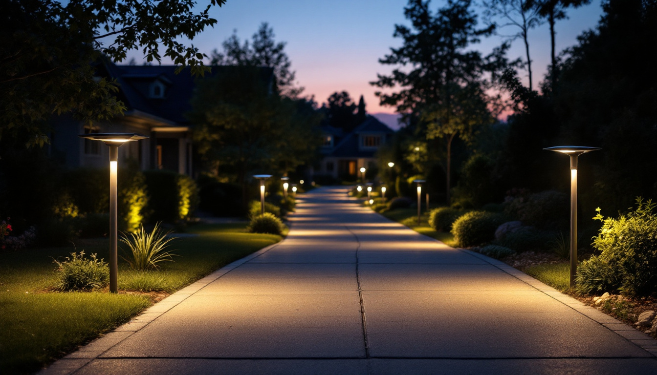 A photograph of a well-lit driveway at dusk