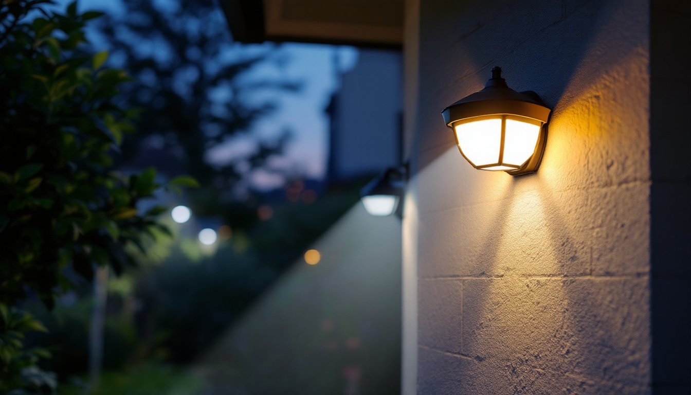 A photograph of a well-lit outdoor scene featuring various solar security lights in action at dusk