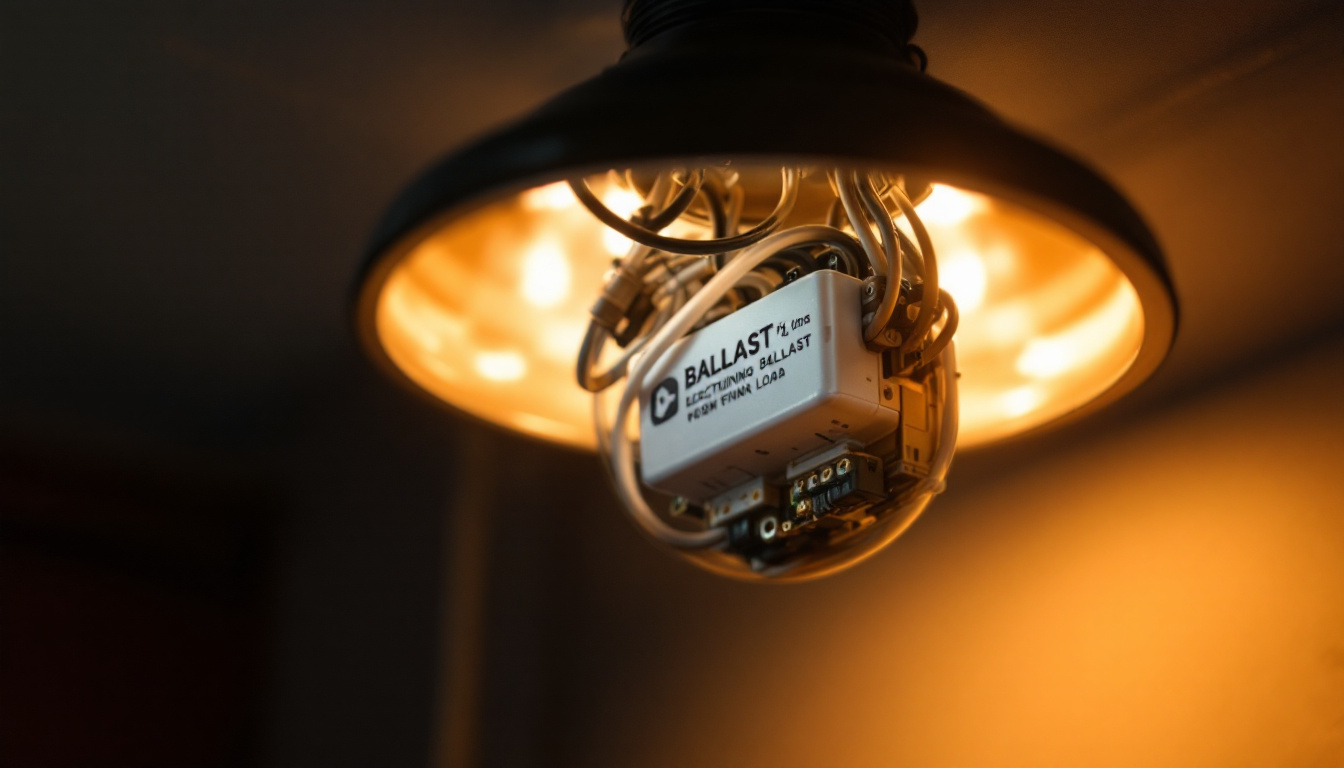 A photograph of an illuminated lighting fixture with its ballast exposed