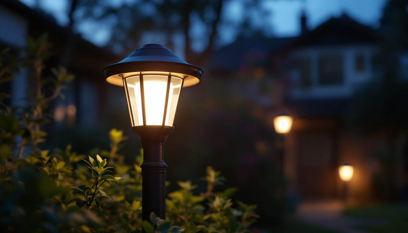 A photograph of a beautifully illuminated solar post light in a garden setting during twilight