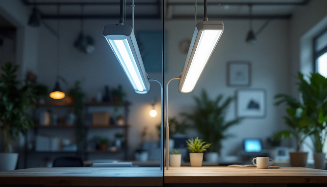 A photograph of a side-by-side comparison of a traditional fluorescent tube fixture and a modern led fixture in a well-lit workspace